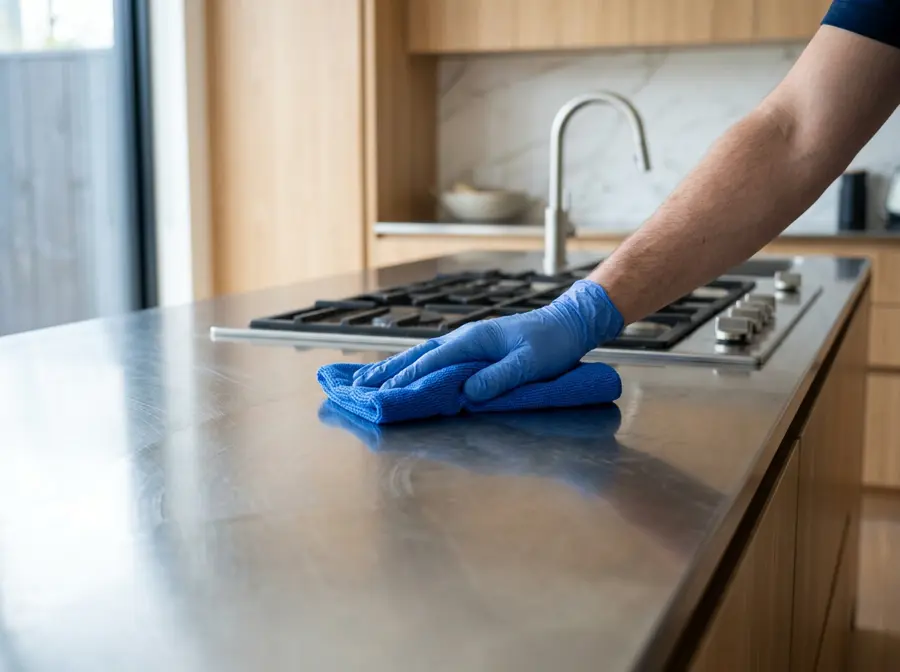 Gloved hand polishing a stainless steel kitchen bench with a royal blue microfibre cloth