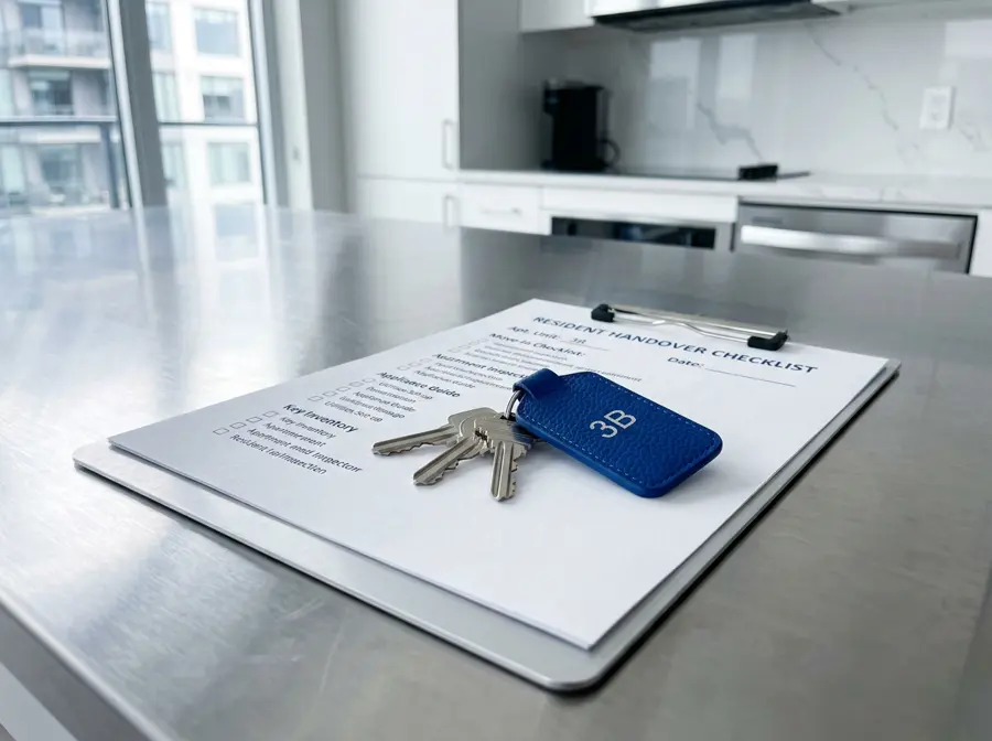 Keys with a royal blue tag resting on a handover checklist