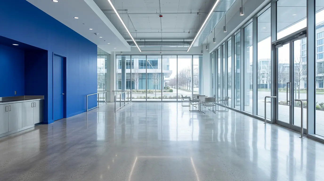 Spotless newly completed commercial interior with polished concrete floors and a royal blue feature wall